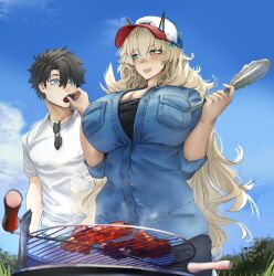 1boy 1girl absurdres alternate_costume bad_anatomy bad_hands barghest_(fate) baseball_cap black_hair blonde_hair blue_eyes breasts cleavage cooking extra_digits fate/grand_order fate_(series) feeding food fujimaru_ritsuka_(male) grill grilling hat heterochromia highres holding horns huge_breasts jacket long_hair meat obazzotto open_clothes open_jacket open_mouth shirt short_hair smile star-shaped_pupils star_(symbol) sunglasses symbol-shaped_pupils unworn_eyewear yellow_eyes
