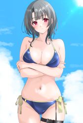 1girl absurdres black_hair blue_sky blush breasts cloud cloudy_sky cowboy_shot crossed_arms day gluteal_fold highres kantai_collection large_breasts looking_at_viewer navel nitamako_(sakamalh) outdoors red_eyes short_hair sky smile solo takao_(kancolle)
