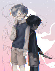 2boys alternate_sleeve_length antenna_hair arm_at_side back-to-back black_eyes black_hair black_shirt black_sweater_vest black_thighhighs brown_shorts chromatic_aberration collared_shirt commentary_request cowboy_shot dual_persona eyepatch fingernails flower gradient_background grey_background grey_hair hair_over_one_eye hand_up height_difference highres holding holding_flower holding_knife knife long_sleeves looking_at_viewer male_focus multiple_boys no_mouth official_alternate_eye_color omori omori_(omori) one_eye_covered parted_lips pink_background profile puffy_long_sleeves puffy_sleeves rou_(h_s_sinrin) shirt short_hair shorts sparkle spoilers standing star_(symbol) sunny_(omori) suspender_shorts suspenders sweater_vest thighhighs tulip two-tone_background very_short_hair white_eyes white_flower white_shirt white_shorts white_tulip wing_collar