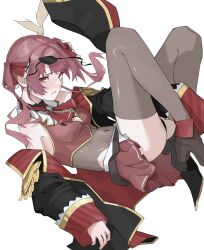 1girl 9tk9m bare_shoulders bicorne bow bowtie breasts brown_footwear collared_socks covered_navel cropped_jacket eyepatch hair_bow hashtag-only_commentary hat heterochromia highres hololive houshou_marine houshou_marine_(1st_costume) jacket leg_up leotard medium_breasts navel panties pantyshot pirate pirate_costume pirate_hat red_skirt see-through_clothes see-through_leotard serious short_twintails skirt solo thighhighs twintails underwear virtual_youtuber