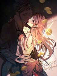 1boy 1girl arm_tattoo backless_dress backless_outfit black_nails chest_tattoo coin commentary_request cowboy_shot dress eyelashes high_heels hug long_hair looking_at_another nami_(one_piece) one_piece orange_hair red_shoes shoes short_hair sideburns smile sweatdrop tattoo tongue tongue_out trafalgar_law yum_xoxo_yum