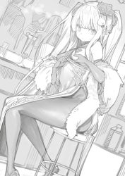 Rule 34 | bare shoulders, breasts, chair, china dress, chinese clothes, dress, gloves, highres, kneehighs, long hair, medium breasts, monochrome, nipples, original, pelvic curtain, ribbon, sleeveless, smile, socks, sweat, takakura, tea