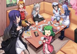 1boy 6+girls absurdres animal_ears bishamonten&#039;s_pagoda black_hair blue_hair book boots breasts brown_eyes brown_hair chopsticks cup dress eating closed_eyes food glass gradient_hair green_hair hair_ornament hat highres hijiri_byakuren kanisawa_yuuki karaoke kasodani_kyouko kumoi_ichirin layered_dress long_hair long_image medicine_melancholy microphone multicolored_hair multiple_girls murasa_minamitsu nazrin open_mouth purple_hair short_hair silver_hair sitting table tail toramaru_shou touhou unzan wide_image
