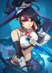 1girl akali alternate_costume black_hair breasts brown_eyes cosplay crop_top dagger elbow_gloves fingerless_gloves fishnet_pantyhose fishnets genshin_impact gloves hand_up holding holding_dagger holding_knife holding_weapon knife league_of_legends looking_at_viewer medium_breasts midriff multicolored_hair pantyhose parted_lips ponytail reverse_grip rosaria_(genshin_impact) rosaria_(genshin_impact)_(cosplay) solo streaked_hair v-shaped_eyebrows vmat weapon