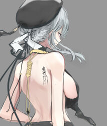 Rule 34 | 1girl, back, backboob, backless outfit, backless shirt, beret, black hat, body writing, breasts, closed mouth, from behind, grey background, grey hair, halterneck, hat, hat tassel, highres, large breasts, red eyes, road757, sanhua (wuthering waves), sidelocks, solo, translation request, wuthering waves