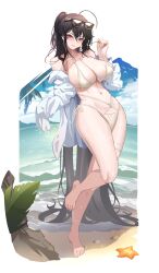 1girl absurdly_long_hair absurdres ahoge azur_lane bare_shoulders beach bikini black_hair breasts cleavage commentary_request eyewear_on_head hair_between_eyes highres huge_ahoge huge_breasts kylezhang42 long_hair long_sleeves looking_at_viewer navel official_alternate_costume open_clothes open_shirt red_eyes shirt side-tie_bikini_bottom solo standing standing_on_one_leg starfish strap_pull sunglasses swimsuit taihou_(azur_lane) taihou_(seaside_daydreams)_(azur_lane) variant_set very_long_hair water wet_bikini white_bikini white_shirt