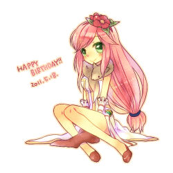 1girl animal animal_around_neck ark_kan blush breasts brown_shoes closed_mouth commentary_request dated detached_sleeves dress flower fox full_body green_eyes hair_flower hair_ornament happy_birthday long_hair looking_at_viewer low-tied_long_hair lowres medium_breasts pink_hair professor_(ragnarok_online) ragnarok_online red_flower shoes simple_background sleeveless sleeveless_dress smile solo striped_sleeves very_long_hair white_background white_sleeves