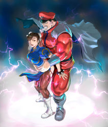 1boy 1girl armor azasuke biceps blank_eyes blue_dress boots bracelet brown_eyes brown_hair bun_cover capcom cape china_dress chinese_clothes chun-li clothed_sex double_bun dress earrings electricity from_side grey_cape grin hair_bun hetero highres jewelry m._bison muscular muscular_male open_mouth pants pantyhose pauldrons pelvic_curtain puffy_short_sleeves puffy_sleeves red_pants red_shirt sex sex_from_behind shirt short_sleeves shoulder_armor smile spiked_bracelet spikes standing standing_sex street_fighter street_fighter_zero_(series) torn_clothes torn_legwear torso_grab white_footwear