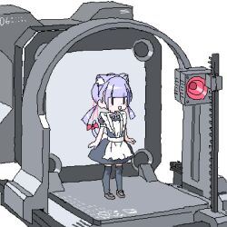 Rule 34 | 1girl, animal ear fluff, animal ears, black thighhighs, blunt bangs, cat ears, cat tail, fukouna shoujo 03, isometric, lokulo-chan (lokulo no mawashimono), lokulo no mawashimono, long hair, low twintails, lowres, machine, maid, original, purple hair, simple background, tail, thighhighs, twintails, white background
