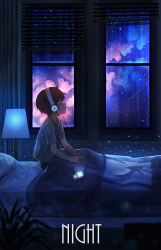 1boy window_blinds blue_theme brown_hair closed_eyes commentary digital_media_player galaxy grey_shirt headphones highres light_particles male_focus night night_sky original pasoputi scenery shirt shooting_star short_hair short_sleeves sky solo star_(sky) starry_sky under_covers variant_set