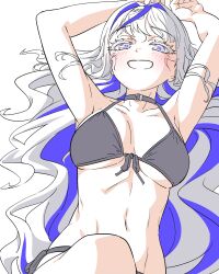 1girl absurdres aokumo_rin armpits arms_up bare_arms bare_shoulders bikini black_bikini black_choker blue_eyes blue_hair breasts choker colored_eyelashes front-tie_bikini_top front-tie_top grin hair_spread_out highres long_hair looking_at_viewer lying medium_breasts multicolored_hair navel on_back shuturmouth_64 side-tie_bikini_bottom simple_background smile solo stellive stomach streaked_hair string_bikini swimsuit two-tone_hair very_long_hair virtual_youtuber white_background white_eyelashes white_hair