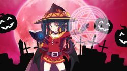 Rule 34 | 1girl, absurdres, alternate costume, belt, book, collar, commission, cosplay, cross, dress, gloves, halloween, hat, highres, chromashift, kiniro tofu, knee up, kono subarashii sekai ni shukufuku wo!, lily sin, looking at viewer, magic circle, megumin, megumin (cosplay), moon, pumpkin, smile, virtual youtuber