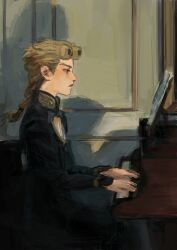 absurdres blonde_hair braid derivative_work giorno_giovanna highres instrument jacket jewangchobab jojo_no_kimyou_na_bouken lips long_hair low-braided_long_hair low-tied_long_hair male_focus music painterly pale_skin playing_instrument playing_piano vento_aureo victory_rolls