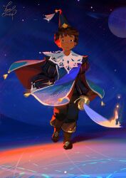 1boy absurdres baggy_pants black_eyes black_pants black_shirt blue_hat blue_tabard boots brown_boots brown_hair capelet commentary cutlass dark-skinned_male dark_skin dreadlocks english_commentary expressionless fantasy full_body hat highres holding holding_sword holding_weapon juliet_sleeves knee_boots lace_capelet ladyshalirin light_blush long_sleeves looking_at_viewer male_focus open_mouth original pants planet puffy_sleeves shadow shirt short_hair signature solo space standing sword tabard thick_eyebrows vertical-striped_sleeves very_dark_skin weapon white_capelet