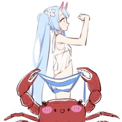 Rule 34 | 1girl, :d, animal, blanchat, blue archive, blue hair, blush stickers, bottomless, breasts, chise (blue archive), chise (swimsuit) (blue archive), clothes theft, convenient censoring, crab, flower, hair flower, hair ornament, highres, horns, light blue hair, long hair, open mouth, panties, red eyes, see-through clothes, side-tie panties, simple background, skin-covered horns, small breasts, smile, striped clothes, striped panties, theft, underwear, underwear theft, unworn panties, very long hair, white background