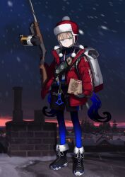 1boy androgynous arm_at_side astg backpack bag belt black_boots black_gloves black_pantyhose black_shorts blue_hair blue_pantyhose blue_shirt blunt_bangs boots box braid brown_hair buttons captain_nemo_(fate) captain_nemo_(santa)_(fate) cardboard_box chimney closed_mouth collared_shirt down_jacket fate/grand_order fate_(series) fur-trimmed_boots fur-trimmed_headwear fur_trim game_cg gloves gradient_hair gradient_pantyhose green_eyes gun hand_up harness hat holding holding_box holding_gun holding_weapon jacket lace-up_boots lanyard long_hair long_sleeves looking_to_the_side low_twin_braids low_twintails male_focus multicolored_hair nemo_(fate) official_art on_roof open_clothes open_jacket pantyhose pantyhose_under_shorts polo_shirt pom_pom_(clothes) red_hat red_jacket rifle shirt shorts sidelocks snowing solo third-party_source trigger_discipline twin_braids twintails two-tone_hair ushanka very_long_hair weapon wing_collar