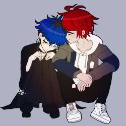 Rule 34 | 2boys, ahoge, black hair, black pants, blue hair, closed eyes, closed mouth, collar, collarbone, cuddling, drawstring, earrings, full body, grey background, hair between eyes, japanese clothes, jewelry, long sleeves, male focus, messy hair, multicolored hair, multiple boys, omokage yugamu, open mouth, pants, red hair, shirt, simple background, sitting, sleeping, streaked hair, the hundred line -last defense academy-, white shirt, yaoi