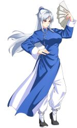 blue_dress blue_sleeves changpao china_dress chinese_clothes dress fighting_stance hand_fan high-cloud_quintet_(honkai:_star_rail) high_ponytail highres holding holding_fan honkai:_star_rail honkai_(series) jingliu_(honkai:_star_rail) kokoro_no_koibito kung_fu martial_arts monk ponytail self-upload shaolin_monk training unworn_blindfold white_hair