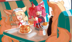 3girls animal_ears arknights blonde_hair blue_hairband closed_eyes commentary english_commentary food fox_ears fox_girl fox_tail hairband highres kitsune kyuubi mother_and_daughter multiple_girls multiple_tails pancake pancake_stack shamare_(arknights) suzuran_(arknights) tail vivlily_(uservnss8752) vulpisfoglia_(arknights)