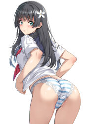 1girl :3 aqua_eyes ass black_hair blue_panties blue_sailor_collar blush commentary_request cowboy_shot flower from_behind furrowed_brow hair_flower hair_ornament highres lace lace-trimmed_panties lace_trim long_hair looking_at_viewer looking_back nagayori necktie panties red_necktie sailor_collar sakugawa_school_uniform saten_ruiko school_uniform shirt short_sleeves simple_background smile solo standing striped_clothes striped_panties thighs toaru_kagaku_no_railgun toaru_majutsu_no_index underwear white_background white_flower white_panties white_shirt