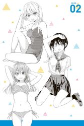 3girls bare_legs bare_shoulders barefoot bikini black_hair blonde_hair blush breasts collarbone dot_nose fangs feet female_focus full_body highres hiroyuki hoshizaki_hokuto kanojo_mo_kanojo kneeling large_breasts legs long_hair looking_at_viewer medium_breasts midriff minase_nagisa miniskirt multiple_girls navel official_art one-piece_swimsuit open_mouth pleated_skirt polka_dot polka_dot_bikini polka_dot_swimsuit saki_saki_(kanojo_mo_kanojo) school_uniform serafuku shirt shoes short_hair short_sleeves side_ponytail sitting skirt sleeveless small_breasts smile socks stomach swimsuit teeth thighs thighs_focus twintails upper_teeth_only