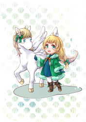 Rule 34 | 1girl, 1other, blonde hair, boots, braid, braided ponytail, brown boots, ebi puri (ebi-ebi), fire emblem, fire emblem: three houses, green eyes, ingrid brandl galatea, looking at viewer, nintendo, pegasus, wings