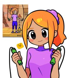 1girl 1other black_eyes blue_shorts blush blush_stickers bottle commentary dark-skinned_female dark_skin highres holding_jump_rope jump_rope offbeat orange_hair ponytail purple_shirt purple_shoes rhythm_tengoku rhythm_tengoku_miracle_stars shirt shoes short_sleeves shorts simple_background smile symbol-only_commentary tan white_background