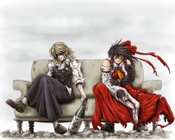 2girls blonde_hair blood coat cosplay couch crossed_legs detached_sleeves fingerless_gloves glasses gloves hakurei_reimu highres kirisame_marisa ledjoker07 multiple_girls nicholas_d._wolfwood parody sitting spoilers sunglasses touhou trench_coat trigun trigun_maximum vash_the_stampede vash_the_stampede_(cosplay)