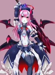 amemiya_issa asmodeus_(eco) blue_dress blue_thighhighs breasts demon_girl demon_horns demon_wings dress emil_chronicle_online garter_belt highres holding holding_sword holding_weapon horns large_breasts looking_at_viewer midriff navel open_mouth pink_hair red_eyes sword thighhighs weapon wings