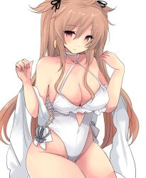 Rule 34 | 1girl, absurdres, anchor ornament, blush, breasts, brown eyes, brown hair, casual one-piece swimsuit, choker, cosplay, cowboy shot, cross-laced clothes, cross-laced one-piece swimsuit, cutout above navel, earrings, food-themed earrings, food themed earrings, frilled one-piece swimsuit, frills, hair flaps, hair ribbon, heterochromia, highres, hirune (konekonelkk), jewelry, kantai collection, large breasts, lemon earrings, long hair, looking at viewer, murasame (kancolle), murasame kai ni (kancolle), one-piece swimsuit, red eyes, ribbon, sagiri (kancolle), sagiri (kancolle) (cosplay), sagiri (swimsuit) (kancolle), shawl, side-tie swimsuit, smile, solo, swimsuit, two side up, white choker, white one-piece swimsuit, white shawl