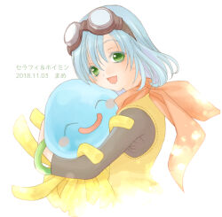 1boy 1girl 2018 :d black_shirt blue_hair blush_stickers bracelet character_name colored_eyelashes commentary_request dated dragon_quest dragon_quest_iv dragon_quest_x goggles goggles_on_head green_eyes healslime hoimin hug in-franchise_crossover jewelry mame2013 medium_hair neckerchief open_mouth orange_neckerchief seraphy_(dq10) shirt shirt_under_shirt smile trait_connection white_background yellow_shirt
