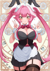 1girl animal_ears apron black_bustier black_skirt blush bow bowtie breasts brown_garter_straps brown_thighhighs chattino_(raora_panthera) closed_mouth double_v fang frilled_apron frills fur_wrist_cuffs garter_straps hair_intakes highres hololive hololive_english huge_breasts light_particles long_hair looking_at_viewer maid_apron maid_headdress multicolored_hair navel panther_ears panther_girl pink_bow pink_bowtie pink_hair rabbit_ears raora_panthera reiwa_rerere skin_fang skirt smile solo streaked_hair thighhighs thighs twintails v vest virtual_youtuber waist_apron white_apron white_vest white_wrist_cuffs wrist_cuffs yellow_eyes