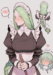 2girls alternate_costume apron bad_id bad_twitter_id black_dress blow blush bow braid breasts broom female_byleth_(enlightened)_(fire_emblem) female_byleth_(fire_emblem) closed_mouth dress enmaided female_focus fire_emblem fire_emblem:_three_houses flying_sweatdrops green_eyes green_hair grey_background hair_bow heart highres holding holding_broom ikarin large_breasts long_hair long_sleeves maid maid_headdress matching_hair/eyes multiple_girls multiple_views nintendo nose_blush parted_lips pointy_ears puffy_long_sleeves puffy_sleeves rhea_(fire_emblem) simple_background single_braid spoken_blush very_long_hair white_apron white_bow yuri