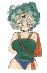 1girl aqua_hair arms_behind_back belt blue_eyes blue_panties blush breasts circlet closed_mouth dancho_no_mori dot_mouth dragon_quest dragon_quest_iv eyelashes forehead_jewel green_hair green_shirt heroine_(dq4) highres large_breasts long_sleeves orange_sleeves panties raised_inner_eyebrows shirt short_hair single_sleeve sketch solo strapless strapless_shirt sweatdrop underwear