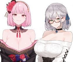 2girls absurdres armpit_crease bare_shoulders black_choker black_kimono bluefield blush bob_cut braid breasts brown_hairband brown_skirt choker cleavage closed_mouth commentary english_commentary flower glasses green_eyes grey_hair hair_flower hair_ornament hairband half_up_braid half_updo high-waist_skirt highres hololive hololive_english huge_breasts japanese_clothes jewelry kanzashi kimono looking_at_viewer medium_hair mori_calliope mori_calliope_(new_year) multiple_girls off-shoulder_sweater off_shoulder official_alternate_costume official_alternate_hair_length official_alternate_hairstyle parted_hair pendant pink_eyes pink_flower pink_hair plaid_clothes plaid_skirt ribbed_sweater semi-rimless_eyewear shiny_skin shirogane_noel shirogane_noel_(casual) short_hair simple_background skirt smile snowflake_pendant sweater sweater_tucked_in tassel teeth upper_teeth_only virtual_youtuber white_background white_sweater
