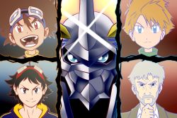 blue_eyes digimon digimon_adventure digimon_survive fusion goggles goggles_on_head highres horn ishida_yamato looking_at_viewer momotsuka_takuma omegamon professor_(digimon_survive) serious smile yagami_taichi