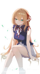1girl absurdres arisa_(shadowverse) barefoot blue_shirt commentary_request green_eyes highres long_hair looking_at_viewer orange_hair pointy_ears shadowverse shirt simple_background skirt sleeveless sleeveless_shirt solo sukaliya very_long_hair water wet white_background white_skirt
