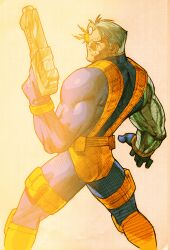 1boy belt bengus bodysuit cable_(marvel) clenched_teeth game_cg glowing glowing_eye gun handgun highres holding holding_gun holding_weapon leg_belt male_focus marvel marvel_vs._capcom marvel_vs._capcom_2 muscular muscular_male non-web_source official_art pouch prosthesis prosthetic_arm scan simple_background solo standing superhero_costume teeth thigh_pouch thigh_strap two-tone_bodysuit utility_belt weapon white_hair x-men yellow_bodysuit