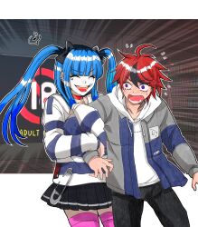 1boy 1girl absurdres ahoge amemiya_darumi arm_hug artist_request black_bow black_hair black_pants blue_hair bow choker commentary_request content_rating flying_sweatdrops hair_bow highres jacket long_hair makeup multicolored_hair musical_note official_art open_clothes open_jacket open_mouth pale_skin pants piercing pink_thighhighs red_choker red_hair runny_makeup safety_pin spiked_hair streaked_hair sumino_takumi sweat the_hundred_line_-last_defense_academy- thighhighs twintails