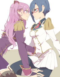 10s 2girls black_legwear black_pants blue_hair blush breasts bridal_gauntlets buttons charlotte_scherzen charlotte_shalzen double-breasted dress epaulettes eye_contact garter_straps glasses long_hair long_sleeves looking_at_another medium_breasts military military_uniform multiple_girls necktie one_side_up pants pink_eyes pink_hair pleated_skirt profile purple_dress red-framed_eyewear red_necktie shigure_kasumi short_hair simple_background skirt sleeves_past_wrists sou_(tuhut) thighhighs valkyrie_drive valkyrie_drive_-mermaid- white_background white_skirt yuri zettai_ryouiki