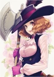 10s 1girl ascot axe brown_eyes brown_hair enmto female_focus floral_background gloves hat hat_feather okumura_haru persona persona_5 purple_gloves solo underbust weapon