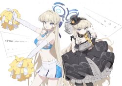 Rule 34 | 1girl, alternate costume, black pantyhose, blonde hair, blue archive, blue eyes, blue halo, breasts, cheerleader, cleavage, closed mouth, commentary request, double v, dress, earrings, elbow gloves, flower, frilled dress, frills, gloves, hakuhatsu, halo, hat, hat flower, highres, holding, holding pom poms, jewelry, long hair, looking at viewer, mari (blue archive), mari (idol) (blue archive), medium breasts, millennium cheerleader outfit (blue archive), multicolored hair, navel, open mouth, pantyhose, pom pom (cheerleading), pom poms, simple background, skirt, stomach, streaked hair, stud earrings, toki (blue archive), v, very long hair, white background, white gloves, white skirt