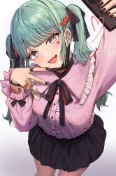 1girl absurdres black_skirt deco27 ear_piercing fang hair_ribbon hatsune_miku heart highres jirai_kei khan_0204 open_mouth piercing pink_top ribbon skirt smile twintails v vampire_(vocaloid) vocaloid