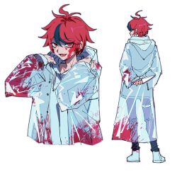 ahoge berrydewww black_pants black_streaks blood blood_on_clothes blood_on_face blood_splatter drawstring evil_grin evil_smile grin hands_up highres holding holding_behind_back holding_knife holding_knife_behind_back hood knife lower_teeth_only male_focus multicolored_hair multiple_views pants possessed raincoat red_eyes red_hair see-through_clothes see-through_raincoat shoes short_hair simple_background smile spoilers streaked_hair sumino_takumi takumi-g_(hundred_line) teeth the_hundred_line_-last_defense_academy- thigh_strap white_background white_shoes
