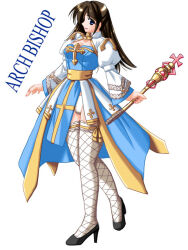 Rule 34 | 1girl, 2000s (style), arch bishop (ragnarok online), black shoes, blue dress, blue eyes, breasts, brown hair, character name, cleavage, cleavage cutout, closed mouth, clothing cutout, commentary request, crosier, cross, dress, fishnet thighhighs, fishnets, frilled thighhighs, frills, full body, high heels, holding, holding staff, juliet sleeves, long hair, long sleeves, looking at viewer, looking to the side, medium breasts, puffy sleeves, ragnarok online, sash, shoes, simple background, smile, solo, staff, standing, tatsumi ray, thighhighs, two-tone dress, white background, white dress, white thighhighs, yellow sash
