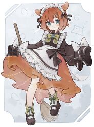 1girl :3 apron blue_background blue_eyes blush border bow bowtie brooch broom brown_bow brown_dress brown_footwear closed_mouth commentary_request dress frilled_apron frills hair_ornament hairclip highres holding holding_broom jewelry komerina leg_up long_sleeves looking_at_viewer maid maid_headdress monster_girl octopus original scylla simple_background sleeves_past_fingers sleeves_past_wrists smile socks solo tentacle_hair white_apron white_bow white_socks yellow_bow yellow_bowtie
