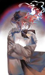 1girl ada_(iyowa) adipocere_(vocaloid) bags_under_eyes biting_own_lip black_ribbon blue_fire brown_hair brown_jacket crying crying_with_eyes_open feet_out_of_frame fiery_hair fire floating_hair fur-trimmed_jacket fur_trim gradient_background hair_half_undone hair_over_one_eye hair_ribbon highres iyowa_girls jacket long_sleeves looking_at_viewer moonmart neck_ribbon open_clothes open_jacket orange_skirt red_eyes ribbon scared self_hug shirt skirt solo standing tears white_background white_fire white_shirt