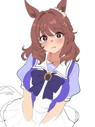 1girl alternate_costume animal_ears blush breasts brown_hair closed_mouth collarbone commentary_request hair_between_eyes hair_ornament highres horse_girl large_breasts light_hello_(umamusume) long_hair looking_at_viewer red_eyes school_uniform simple_background tracen_school_uniform umamusume wa_(wamizest7) white_background