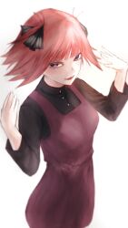 1girl absurdres black_shirt butterfly_hair_ornament commentary dress go-toubun_no_hanayome hair_ornament hands_up highres kei_ayada long_sleeves looking_at_viewer nakano_nino parted_lips purple_dress purple_eyes red_hair shirt shirt_under_dress short_hair simple_background solo white_background
