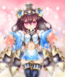 ajitarou_(setsu) blue_dress blue_sleeves boots brown_hair closed_mouth detached_sleeves dress emil_chronicle_online hair_ornament highres hug_invitation isis_(eco) midriff navel open_mouth outstretched_arm pink_eyes smile thigh_boots thighs